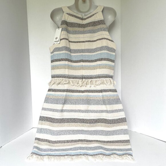 Tory Burch Mini Fringed Boho Dress 10 Ivory Sleeveless Cotton Sheath Stripe - Picture 4 of 14
